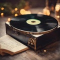 AI generated illustration of a classic vintage record player set up on a retro wood table Royalty Free Stock Photo