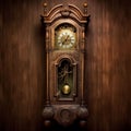 AI generated illustration of A classic wooden grandfather clock with a golden pendulum