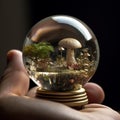 AI generated illustration of a clear crystal ball with mushrooms inside