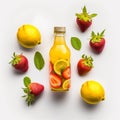 AI generated illustration of a clear glass bottle with strawberries, lemons and mint leaves