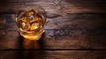 AI generated illustration of a clear glass containing ice cubes and whiskey placed on a tabletop