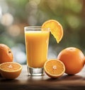 a glass of juice, sliced oranges and one half Royalty Free Stock Photo