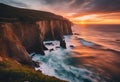 AI generated illustration of a cliff overlooking the ocean, illuminated by the warm light of sunset Royalty Free Stock Photo