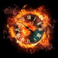 AI generated illustration of a clock with a brightly burning flames