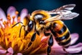 AI generated illustration of a close-up of a bee with open wings on a flower Royalty Free Stock Photo