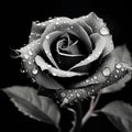 AI generated illustration of a close-up of a black and white rose, with water droplets on its petals Royalty Free Stock Photo