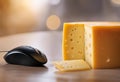 AI generated illustration of a close-up of a block of cheese with a small laptop mouse