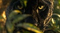 AI generated illustration of a close-up of a cat's eyes peeking through bushes Royalty Free Stock Photo