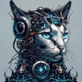 AI generated illustration of a close-up of a cat's face illuminated in blue lights Royalty Free Stock Photo