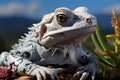 AI generated illustration of a close-up of a curious lizard perched atop a rock