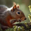 AI generated illustration of a close-up of a curious squirrel peeking out of lush green grass