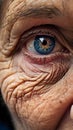 AI generated illustration of a close-up of an elderly with deep blue eyes, and face with wrinkles