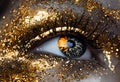 AI generated illustration of a close-up of an eye adorned with a mesmerizing shimmering glitter