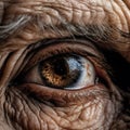 AI generated illustration of a close-up of the eye of an elderly adult man with wrinkles around