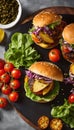 five burgers that have different toppings on them and green pickles