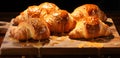 AI generated illustration of a close-up of freshly baked, golden-brown croissants on a wooden board Royalty Free Stock Photo
