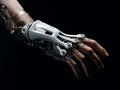 AI generated illustration of a close-up of a futuristic robotic prosthetic hand on black background