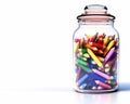 AI generated illustration of a close up of a glass jar filled with various coloring pencils Royalty Free Stock Photo