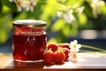 AI generated illustration of a close-up of a glass jar of strawberry jam with strawberries Royalty Free Stock Photo