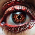 AI generated illustration of a close-up of a human eye with intricate golden robotic-like details