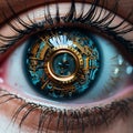 AI generated illustration of a close-up of a human eye with intricate golden robotic-like details