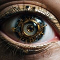 AI generated illustration of a close-up of a human eye with intricate golden robotic-like details