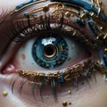 AI generated illustration of a close-up of a human eye with intricate golden robotic-like details