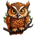 AI generated illustration of A close-up image of a brown owl perched on a tree branch.