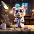 a mouse character wearing glasses sitting at a desk and holding a computer Royalty Free Stock Photo