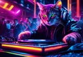 a cat wearing headphones playing music on a dj deck