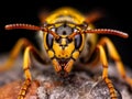 AI generated illustration of a close-up image of a large yellow hornet perched on a green leaf
