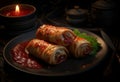 AI generated illustration of A close-up image of meat rolls with condiment sauce Royalty Free Stock Photo