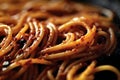 AI generated illustration of A close-up image of a plate of freshly cooked spaghetti