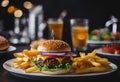 a plate with a hamburger and fries on it and three glasses and two beer