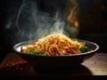 AI generated illustration of a close-up image of a plate of steaming spaghetti with chili flakes