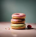 AI generated illustration of A close-up image of three tempting donuts stacked up