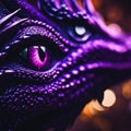 AI generated illustration of a close-up of an intense purple dragon eye on a blurred background