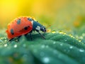 AI generated illustration of a close-up of a ladybug perched on a vibrant green leaf Royalty Free Stock Photo