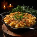 a large black skillet with macaroni and cheese on top