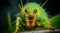 AI generated illustration of a close-up of a large green bug with spiked teeth