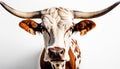 a close up of a cow with long horns on a white wall Royalty Free Stock Photo