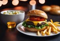 a burger and some french fries with beer on the table