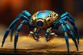 AI generated illustration of a close-up of a metallic robotic spider perched on a wooden surface