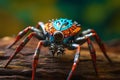 AI generated illustration of a close-up of a metallic robotic spider perched on a wooden surface