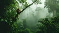 a monkey on top of a tree in the jungle with mist Royalty Free Stock Photo