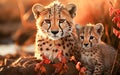 AI generated illustration of close-up of a mother cheetah and her cub in the savannah Royalty Free Stock Photo