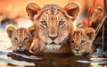 AI generated illustration of a close-up of a mother lion with two cubs in water in the river
