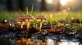 AI generated illustration of a close-up of mushrooms by the water in grass Royalty Free Stock Photo