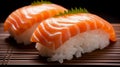 AI generated illustration of a close-up of nigiri sushi with pieces of salmon