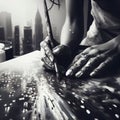 AI generated illustration of close-up of a pair of hands painting an artwork, in grayscale Royalty Free Stock Photo